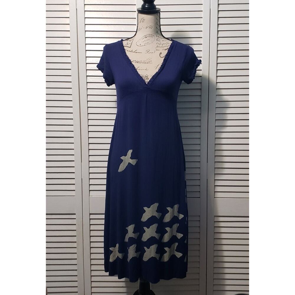 Pink Martini Midi Dress Women's Small Navy Blue Bird Pattern V-Neck Cap Sleeve